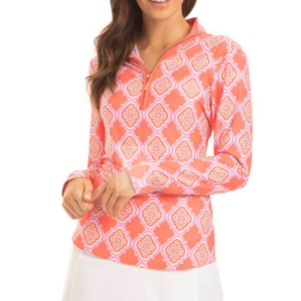 Cabana Life Coral Geo Sport Zip Polo Sz  L